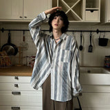 Korean Style Men's Shirt Stripe Casual Lapel Long Sleeved Pocket Contrast Color Single Breasted Male Top New Fashion