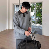 Winter Men's Trending Knitted Lapel Sweater Light Luxury Leisure Patchwork Long Sleeve Pullover Japanese Retro Loose Knitwear