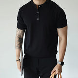 New Fashion American Style Men T-shirt Light Luxury Knitted Henry Collar Tees Casual Solid Color Short Sleeve Breathable Tops