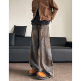 Men Straight Loose Vintage Rust Color Distressed Denim Pants Streetwear Casual  Baggy Trousers Trendy Hip Hop Floor Length Jeans