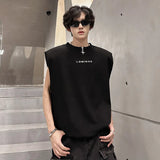 New Trendy Men's Vests Round Neck Letter Design Contrats Color Metak Sleeveless Shoulder Padded Male Tank Tops Chic