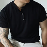New Fashion American Style Men T-shirt Light Luxury Knitted Henry Collar Tees Casual Solid Color Short Sleeve Breathable Tops