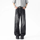 New Trendy Male Denim Pants Summer Fashion Tide Wahsed Straight Denim Pants Casual Lightning Pattern Design Trousers