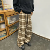 Winter Vintage Fleece Plaid Wide Leg Pants Men's Woolen Casual Thick Warm Pants Men Women Loose Straight Mopping Trousers