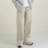 Cotton Beige Pants Men Fashion Drawstring Casual Pants Men Streetwear Korean Loose Straight Pants Mens Trousers M-2XL