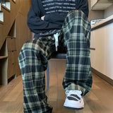 Autumn Classic Men's Plaid Pants Fashion Casual Long Straight Trousers Drawstring Wide Leg Check Pant