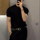 Fashion Simple Solid Color Slim Short Sleeve Ribbed Knit T Shirts Mens Clothes Spring Summer Casual Crew Neck Pullover Tops Men
