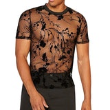 Summer Men's Clothing Mesh Lace Knit T-shirt Streetwear Hollow-Out O Neck Sweater Short Sleeve Tees Rose Printed Luxury Knitwear
