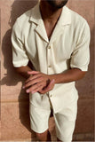 Spring/Summer suit Solid color corduroy shorts sleeve shirt and shorts stretch beach casual suit