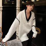 V-neck Men Pullover Sweater Korean Trendy Pleated Contrast Color Baggy Male Knitting Pullovers Spring New Chic