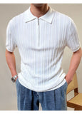 Zipper Knitted Short-sleeved Polo Shirt Men Summer American Retro Commuting Loose Vertical Striped Pit Strip Lapel T-shirt Men