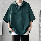 5 Colors Summer Hooded T shirt Men Korean Half Sleeve Pullover Streetwear Loose T-shirt Tops Drawstring Men Clothing
