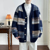 Striped Cardigan Men Chic Baggy Slouchy V-neck Japanese Style Harajuku Vintage High Street Knitting Sweaters All-match Autumn