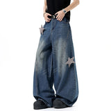 Workwear Curved Knife Jeans Men American Style Star Decoration Wide Leg Male Denim Pants Baggy Straight Trousers New