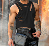 Men T Shirt Solid Color O-neck Short Sleeve Hollow Out Irregular Vests Streetwear Sexy Fashion Summer Men Clothing