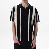 New Men Striped Hollow Out Cardigan Tops Light Luxury Casual Button-down Short Sleeve Shirs Leisure Streetwear Fashion Knitwear