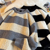 Striped Sweaters Men Fashion Loose Casual Autumn Winter Round Neck Panelled Couple Japanese Style Unisex Streetwear Knitting