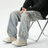 Star Embroidered Men's Jeans Baggy Straight Elastic Waist Denim Pants Fashion High Street Hip Hop Streetwear Y2K Male Trousers