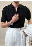 Zipper Knitted Short-sleeved Polo Shirt Men Summer American Retro Commuting Loose Vertical Striped Pit Strip Lapel T-shirt Men