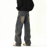 Distressed Denim Pants Vintage Blue Men's Side Pleated Jeans Straight Loose Mopping Pants Male Casual Simple Daily Streetwear