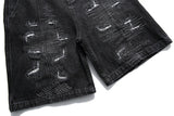 Hip Hop Denim Shorts Men Streetwear Vintage Patch Jeans Short Oversized Harajuku Embroidery Black Baggy Knee Length Pants Male