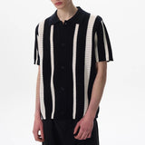 New Men Striped Hollow Out Cardigan Tops Light Luxury Casual Button-down Short Sleeve Shirs Leisure Streetwear Fashion Knitwear