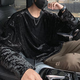 Mens T-Shirt Mercerized Velvet Bright T-Shirt Autumn Fashion Streetwear Personality Niche Long-Sleeved Tops Men'S Clothing