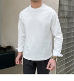 New Autumn Fashion Men T-shirt Light Luxury Solid Color Long Sleeve Tops Leisure Streetwear Casual O Neck Basic Shirts M-3XL