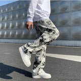 Mens Jean Fashion Printed jeans Spring Mopping Trousers Jeans Korean Style High Street Loose Hip Hop Wide-leg Jean Pants