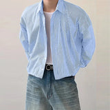 New Japanese Trendy Men Shirts Light Luxury Textured Lapel Striped Long Sleeve Cardigan Tops Leisure Premium Loose Blouse M-2XL