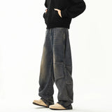 Distressed Denim Pants Vintage Blue Men's Side Pleated Jeans Straight Loose Mopping Pants Male Casual Simple Daily Streetwear