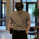 Business Casual Men's T-shirts Knitting Mock Neck Short Sleeve  Loose Male Pullover Tops Solid Color New Spring