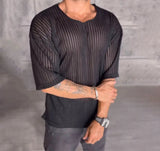 Men T Shirt Striped Short Sleeve Transparent Summer Casual Camisetas Streetwear Fashion Leisure Camisetas S-5XL