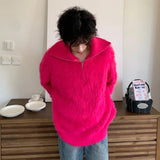 Korean Style Men's Knitting Tops Turn-down Collar Zipper Design Solid Color Casual Sweaters Loose Male Pullovers New