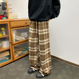 Winter Vintage Fleece Plaid Wide Leg Pants Men's Woolen Casual Thick Warm Pants Men Women Loose Straight Mopping Trousers