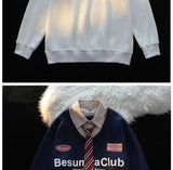 American College Style POLO Tie Fake Two-piece Sweatshirt Men's Spring Autumn Thin Loose Korean Lazy Style Long-sleeved Jacket