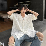 Men Loose Short Sleeve Shirt Small Suit Collar Diamond Frayed Edges Unique Design Casual Trendy Mens Fashion Boho Chic Style