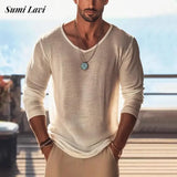 New Casual Pure Color Mens Long Sleeve Tees Spring Vintage V Neck Loose Pullover Tops Men Leisure Breathable Transparent T Shirt