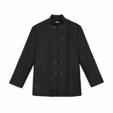 New Chinese Style Suit Men's Niche Design Traditional Button Stand Collar Jacket Black Straight Wide Shoulder Coats Ruffian Cool