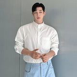Male Shirts Pearls Design Stand Collar Loose Long Sleeve Single Breasted Men's Tops Korean Style Menswear