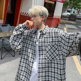 Harajuku Long Sleeve Plaid Shirts Men Autumn Loose High Street All-match Shirt Gentleman Camisa Check Tops Stylish 5XL-M