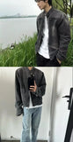 Punk Gray Denim Jacket Men's American Retro Heavy Industry Coat Metal Design Stand Collar Old Washed Short Spliced Street Jacket