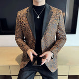 Fashion Leopard Print Blazer Jacket Men Spliced leather Collar Back Slit Party Dresses Clothing Slim Fit Suit Coat Male