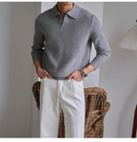 Men's American Retro Polo Sweater Luxury Trendy Business V Neck Knit Solid Color Pullover Leisure Slim-fit Long Sleeve Knitwear