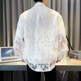 Summer Fashion White Mesh Shirt  Men Transparent Printing Casual Loose Long Sleeve Tops Streetwear Lapel Party Clubwear Tops