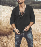 Men's T-shirt Short Sleeve Chest Lace-up T-shirt Loose Top Summer V-Neck Medieval Tunic Top