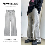Men's Vintage Light Gray Bootcut Jeans Fashion Korean High Street Denim Trousers Elastic Waist Comfortable Pants Male Clothing