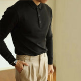 New American Retro Men Polo Shirt Light Luxury Solid Color Slim-fit Commuting Long Sleeve T-shirt Leisure Business Pullover Tops