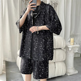 Summer Thin Sets Men Fashion Casual Shorts Shirt Sets Men Streetwear Korean Loose Black Print Ice Silk Set Mens Plus Size 5XL
