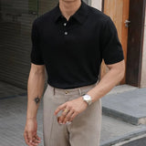 Vintage Polo Collar Knitted Shirts Mens Spring Summer Trendy Solid Color Slim Polo Shirt Casual Men Short Sleeve Knit Polos
